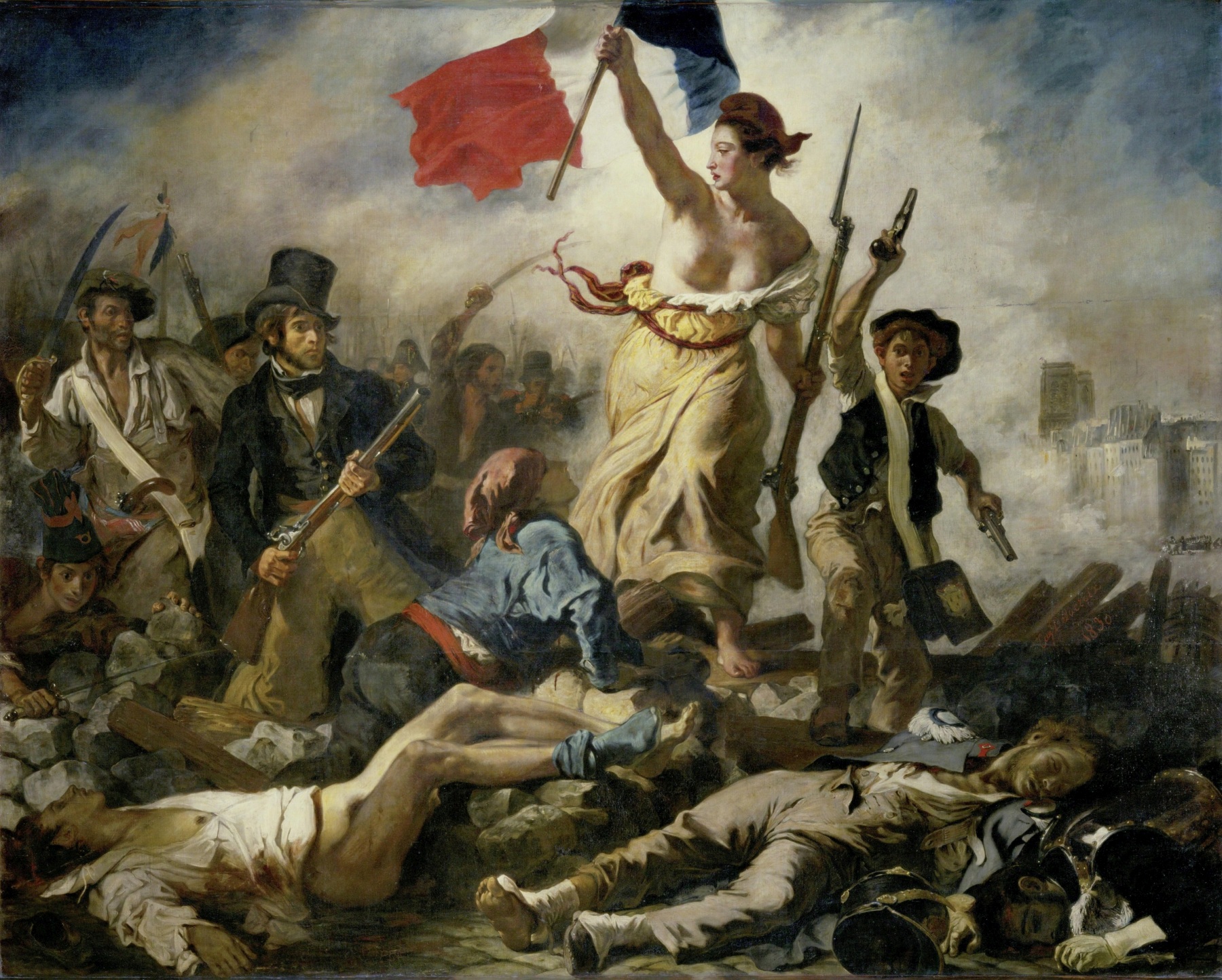 Ikonický obraz Eugèna Delacroixe Svoboda vede lid na barikády z roku 1830 představuje alegorický výjev z francouzské revoluce.